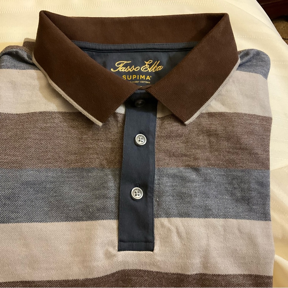 Tasso Elba Men's Brown and Gray Striped Polo Shirt